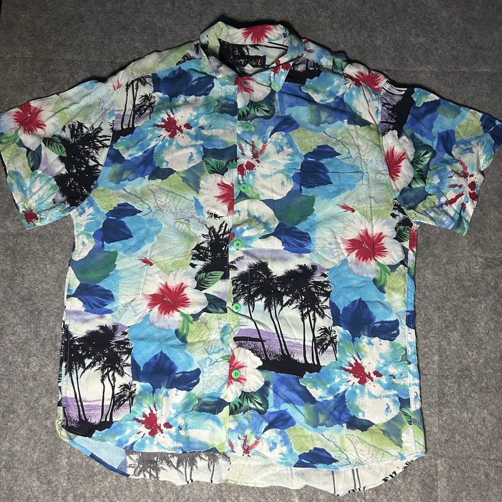 Vintage Jams World Men's Large Blue Floral Hawaiian Short Sleeve Button Up Rayon